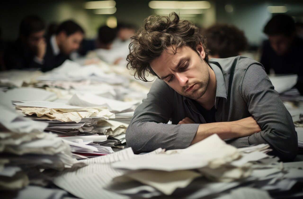 ai generated, man, paperwork, work, bureaucracy, paper, overload, stress, paperwork, stress, stress, stress, stress, stress