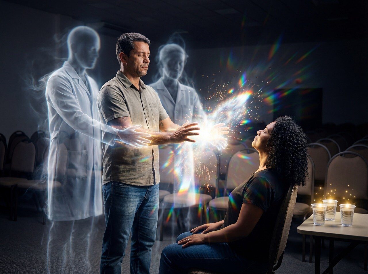 spiritual healing session, spiritual energy, healing medium, chico xavier, spiritual healing, fluid therapy, vibratory elevation, healing energy, spiritual cleansing, astral field, mediumship session, spirit guide, subtle energy, afterlife concept, spiritual alignment, healing session, light projection, spirit intervention, energy transfer, spiritual presence, nonphysical support, inner balance, ai generated